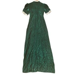 Vintage 1970s Dress Women's XS Green Emerald Velvet Long Maxi Lace Tie Waist